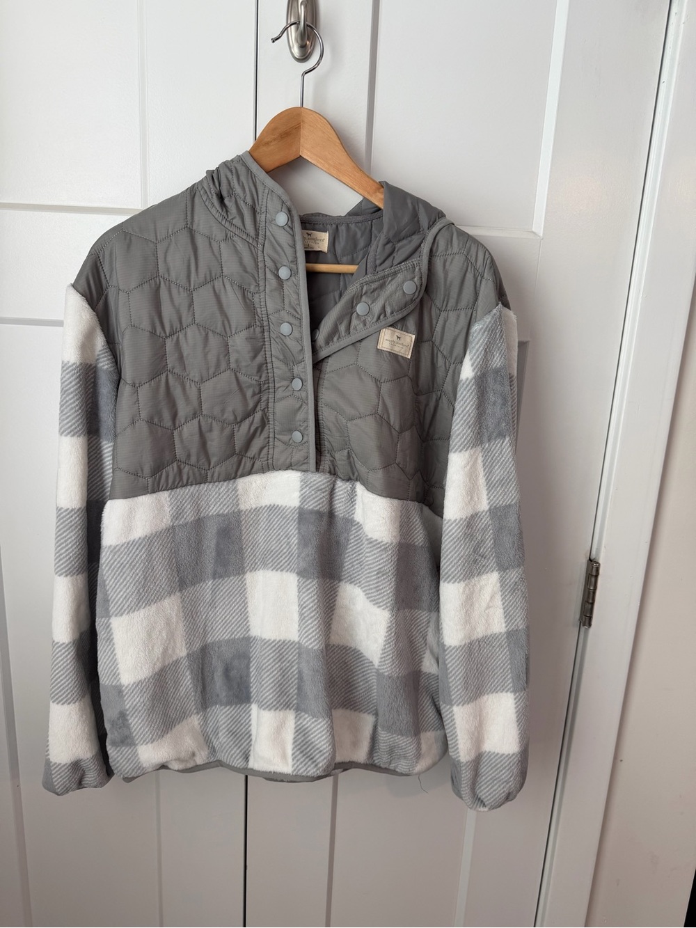 Simply Southern Gray and White Plaid Quilted Pullover Jacket